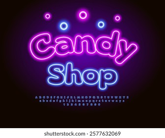 Vector Neon signboard Candy Shop. Glowing Cartoon Style Font. Electric set of Alphabet Letters and Numbers.