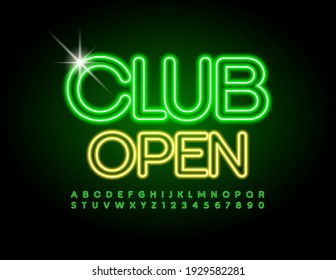 Vector neon signboard Club Open. Electric light Font. Green Led Alphabet Letters and Numbers set
