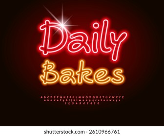 Vector Neon signboard Daily Bakes for Bakery, Cafe and Shop. Bright Glowing Handwritten Font. Electric Alphabet Letters and Numbers set.