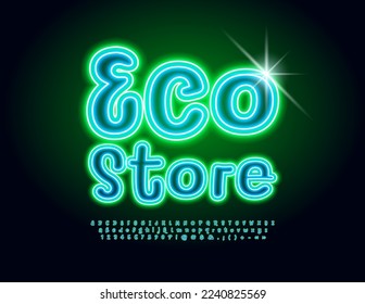 Vector neon signboard Eco Store. Bright glowing Font. Modern handwritten Alphabet Letters, Numbers and Symbols set