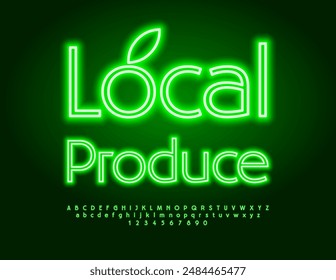Vector Neon Signboard Local Produce. Glowing Green Font. Bright Electric Alphabet Letters and Numbers set.	
