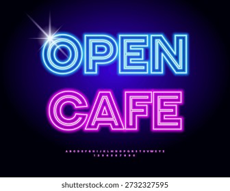 Vector Neon signboard Open Cafe. Glowing Pink Font for Digital Branding and Logo Design. Electric Cool Alphabet Letters and Numbers set.