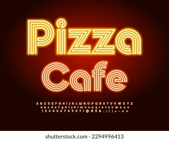 Vector Neon Signboard Pizza Cafe. Glowing bright Font. Modern artistic Alphabet Letters and Numbers