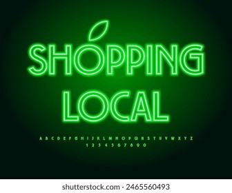 Vector neon signboard Shopping Local. Green Neon Alphabet Letters and Numbers set. Modern Glowing Font.