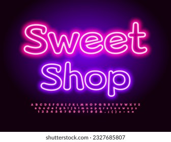 Vector Neon Signboard Sweet Shop. Funny Pink Font. Bright Electric Alphabet Letters and Numbers