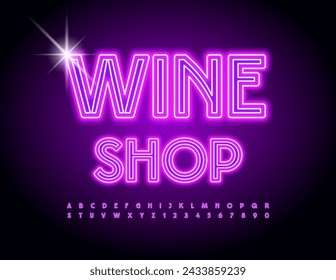 Vector Neon Signboard Tienda de vinos. Fuente brillante de moda. Letras y números de alfabeto moderno.