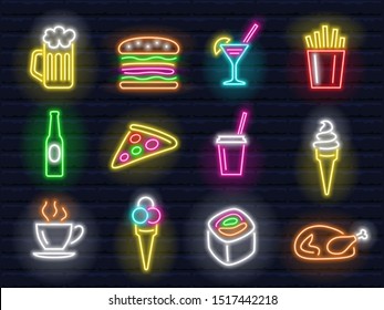 Vector Neon Signs Food Set. Fastfood Industry