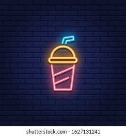 Vector neon soda cup icon. Glowing sweet drink logo background. Juice or cold drink sign for take away, cafe, cafeteria, restaurant, stall. Line street food symbol illustration