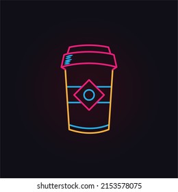 Vector Neon Soda Cup Icon. Glowing Sweet Drink Logo Background. Juice Or Cold Drink Sign For Take Away, Cafe, Cafeteria, Restaurant, Stall. Line Street Food Symbol Illustration