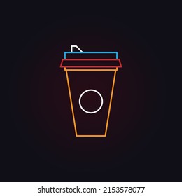 Vector Neon Soda Cup Icon. Glowing Sweet Drink Logo Background. Juice Or Cold Drink Sign For Take Away, Cafe, Cafeteria, Restaurant, Stall. Line Street Food Symbol Illustration