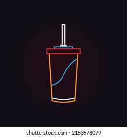 Vector Neon Soda Cup Icon. Glowing Sweet Drink Logo Background. Juice Or Cold Drink Sign For Take Away, Cafe, Cafeteria, Restaurant, Stall. Line Street Food Symbol Illustration