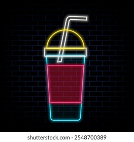 Vector neon soda cup icon. Glowing sweet drink logo background. Juice or cold drink sign for take away, cafe, cafeteria, restaurant, stall. Line street food symbol illustration.