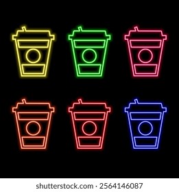 Vector neon soda cup icon. Glowing sweet drink logo background. Juice or cold drink sign for take away, cafe, cafeteria, restaurant, stall. Line street food symbol illustration.