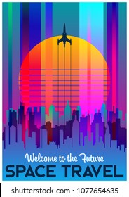 Vector Neon Space Travel Poster. 1980s Stylization