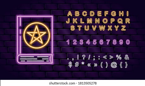 Vector neon spell book icon and neon letters for fortune telling mobile apps, witchcraft blogs. Magic witch book. Occult esoteric mystic wichcraft spiritual signs symbols. Halloween element. Alphabet