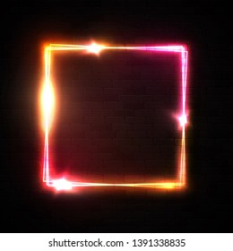 Vector neon square frame on black brick wall background. Shiny rectangle electric banner with star sparkle light flash. Neon sign design for night club bar flyer poster. Red border vector illustration