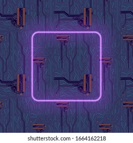 Vector Neon Square Frame on the Blue Background with Circuits, Graphic Backdrop Template, Blank Shining Border.