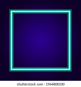 Cuadrado de neón vectorial de color turquesa sobre un fondo azul oscuro con un espacio en blanco dentro para el texto. patrón de neón aislado de líneas en la forma de un cuadrado, el elemento brilla en azul oscuro
