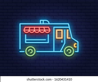 Vector Neon Street Food Truck Icon. Line Trade Van Sign Illustration. Glowing Car Cafe Logo Background. Festival Shop Transport To Cook And Sell Meals