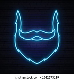 Barba azul y bigote estilo neón vectorial.  Señal de neón brillante. Antecedentes del concepto de salud masculino. 
