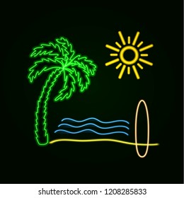 Vector Neon Surfing Illustration: Glowing Palm, Ocean Waves, Sand Beach, Sufr Board and Sun.