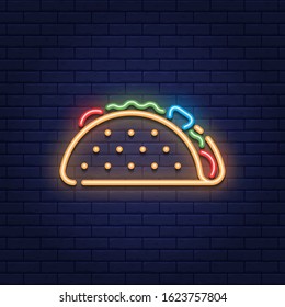 Vector neon taco icon template. Glowing mexican traditional food logo with tortilla, salad, tomato, beef. Line street fast food sign illustration. Modern concept for bar, cafe, stall, delivery