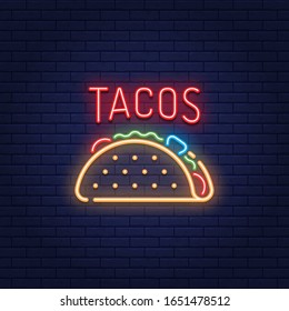Vector neon taco logo design. Mexican traditional food logotype with tortilla, salad, tomato, beef. Glowing street fast food sign illustration. Hot and spicy concept for bar, cafe, stall, delivery