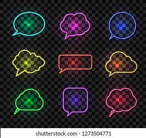 Vector Neon Talk Bubbles Vollection, Different Colors Bright Speech Boxes, Design Elements Collection Isolated on Dark Transparent Background.