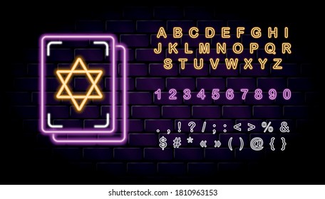 Vector neon tarot cards icon and neon letters for fortune telling & tarot reading mobile apps, blogs, highlights. Occult esoteric magic mystic wichcraft spiritual signs symbols. Neon alphabet