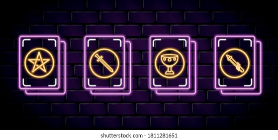 Vector Neontarot setzt Icon für Glücksspiel & Tarot Lesen mobile Apps, Blogs, Highlights. Okkulte esoterische Zaubersprüche, die spirituelle Zeichen symbolisieren. Tarot-Karten: Fünftel, Tassen, Gandas, Schwerter.