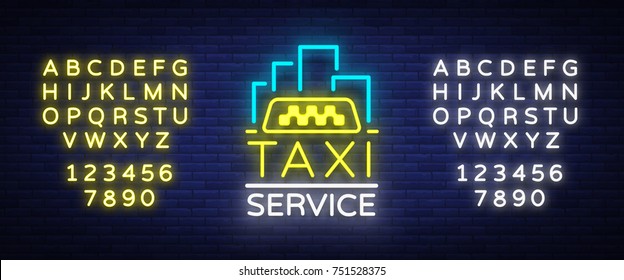 Vector Neon Taxi logo isolated on a brick background. Silhouette badge glowing taxi. Design advertising night sign of the taxi brand. Editing text neon sign. Neon alphabet