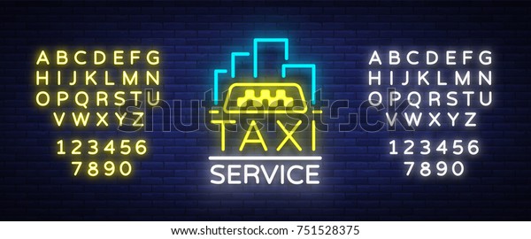 Vector Neon Taxi\
logo isolated on a brick background. Silhouette badge glowing taxi.\
Design advertising night sign of the taxi brand. Editing text neon\
sign. Neon alphabet