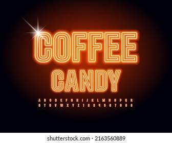 Vector neon template Coffee Candy. Light tube Alphabet Letters and Numbers set. Illuminated Led Font