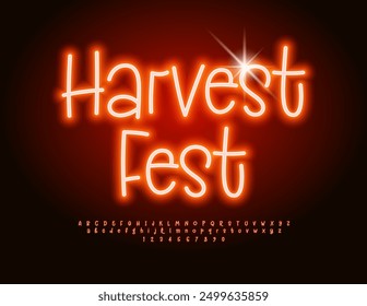 Vektor Neon Vorlage Harvest Fest. Rote Schrift leuchtet. Lustige handgeschriebene Alphabet Buchstaben und Zahlen Satz