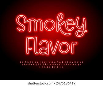 Vector neon template Smokey Flavor. Glowing Red Font. Electric Alphabet Letters and Numbers set.