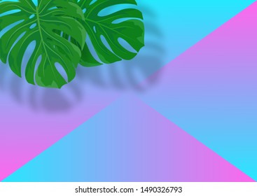 Vector neon template with tropical monstera plant leaves overlay shadow. Trendy mockup with tropical leaves shadows. Abstract neon background with copy space for text, offers, sale, advertising.