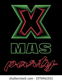 Vector neon text for X-mas Party poster. Bright decoration for celebrating Christmas. 
