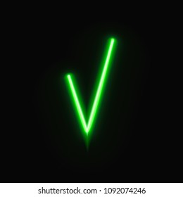 Vector Neon Tick, Green Luminous Check Mark on Dark Background.