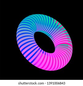 Vector neon torus on dark background. Generative futuristic 3d illustration, 80s-90s retrowave/ vaporwave/ synthwave style.