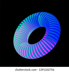 Vector neon torus on dark background. Generative futuristic 3d illustration, 80s-90s retrowave/ vaporwave/ synthwave style.