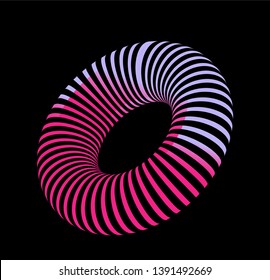 Vector neon torus on dark background. Generative futuristic 3d illustration, 80s-90s retrowave/ vaporwave/ synthwave style.