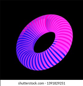 Vector neon torus on dark background. Generative futuristic 3d illustration, 80s-90s retrowave/ vaporwave/ synthwave style.