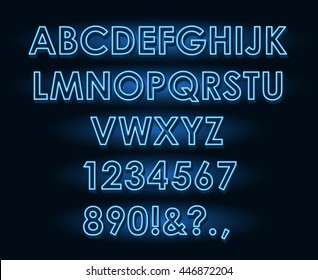 Vector Neon Tube Blue Light Letters Font On Dark Background