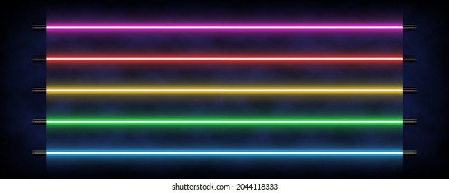 Vector neon tubes, sticks, glowing light bulbs, led effect strokes, dividers, luminous straight line set, laser energy lamps on dark background