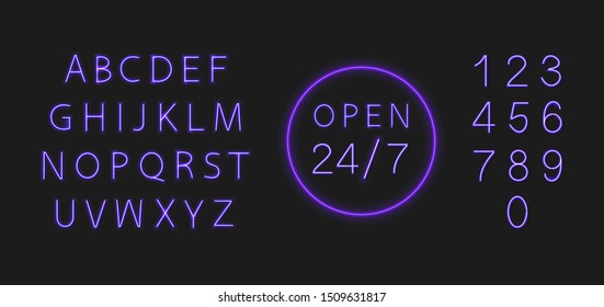 Vector Neon Type Set and Open 24/7 Sign in the Circle Frame Isolated on Dark Background, Illustration Template.