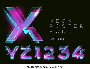 Vector Neon Type. Shining Purple Character. Fluorescent Glitch Effect. Vibrant Bright Colors. Festive Typography for Music Fest, Xmas Greeting Card, Christmas Invitation, Sale Banner. Isolated.