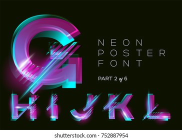 Vector Neon Typeset. Glowing Alphabet, Dark Background. Glitch Effect. Vibrant Pink, Blue, Violet Colors. Futuristic Font for Creative Poster, Night Club Invitation, Sale Banner, Music Fest. Isolated.