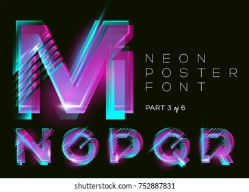 Vector Neon Typeset. Shining Pink Letters. Fluorescent Glitch Effect. Vibrant Blue, Purple Colors. Bright Retro Font For Music Fest, Night Club Invitation, Sale Banner, Creative Poster. Isolated.