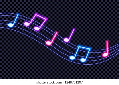 Vector Neon Ultraviolet Colorful Music Notes, Glowing on Dark Transparent Background Illustration.