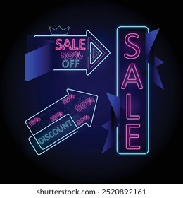 Vector neon Web Sale banners, neon inscription: sale, discount and fifty precent off